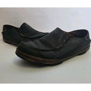 Olukai Shoes Mens 8.5 Moloa Black Leather Slip On Comfort Relax Loafers